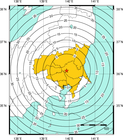 緊急地震速報(警報)第1報を発表した地域及び主要動到達までの時間