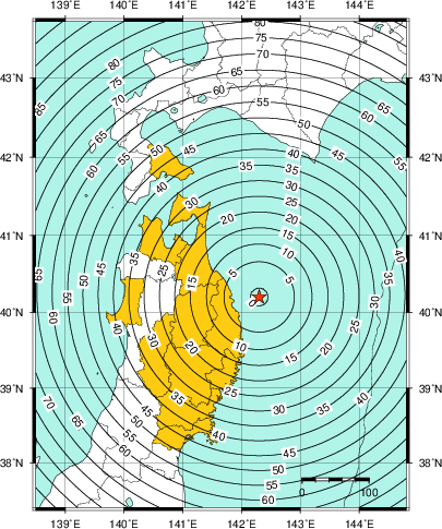 緊急地震速報（警報）第1報を発表した地域及び主要動到達までの時間