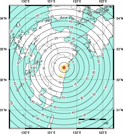 緊急地震速報第1報提供から主要動到達までの時間及び推計震度分布図