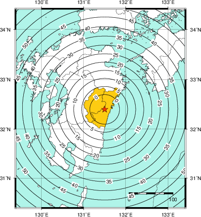 緊急地震速報(警報)第1報を発表した地域及び主要動到達までの時間