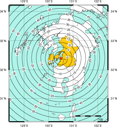 緊急地震速報（警報）第1報を発表した地域及び主要動到達までの時間