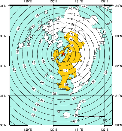 緊急地震速報(警報)第1報を発表した地域及び主要動到達までの時間
