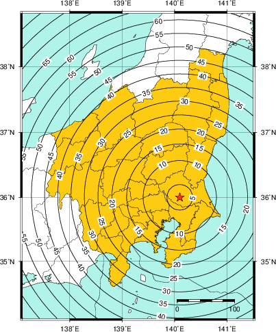 緊急地震速報(警報)第1報を発表した地域及び主要動到達までの時間