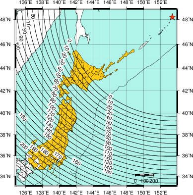 緊急地震速報(警報)第1報を発表した地域及び主要動到達までの時間