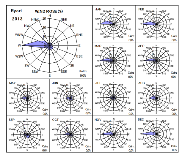 Wind rose of annual / monthly mean wind velocity at Ryori in 2013