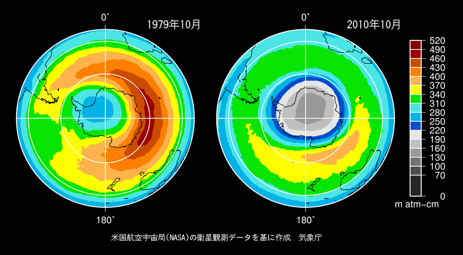 10月の月平均オゾン全量南半球