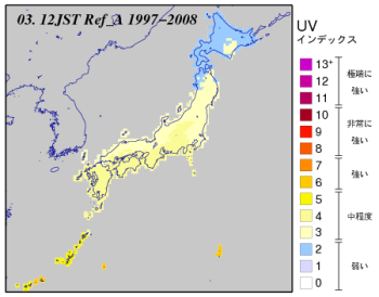 3月の日本付近のUVインデックス分布図