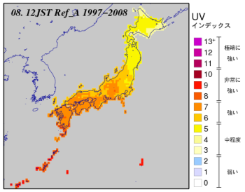 8月の日本付近のUVインデックス分布図