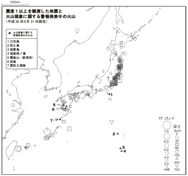 震度１以上の地震と噴火警報発表中の火山