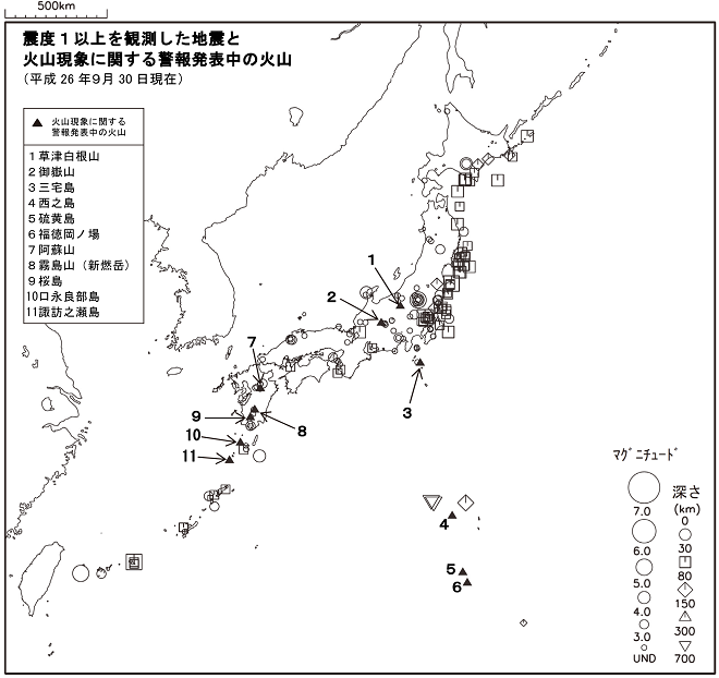 震度１以上の地震と噴火警報発表中の火山