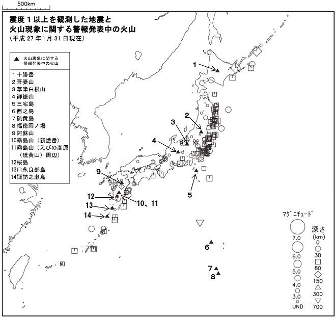 震度１以上の地震と噴火警報発表中の火山