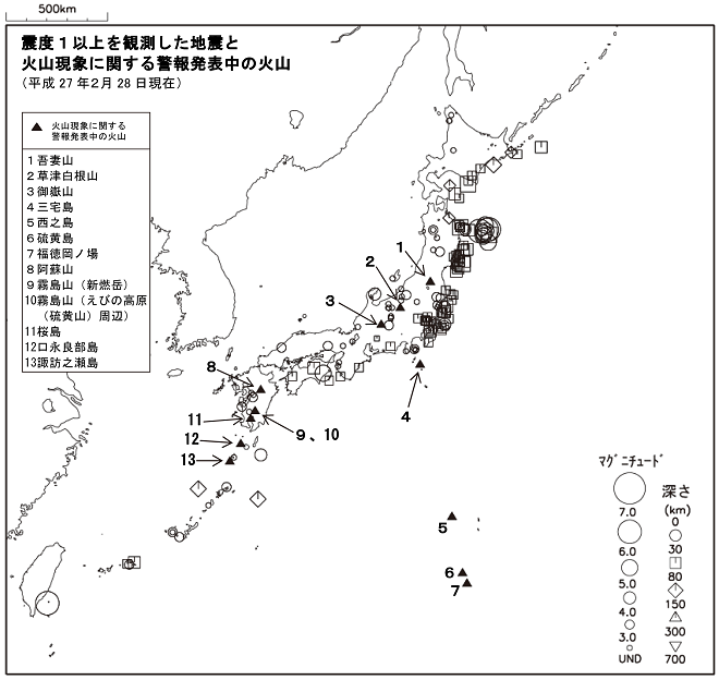 震度１以上の地震と噴火警報発表中の火山