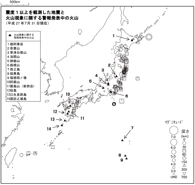 震度１以上の地震と噴火警報発表中の火山