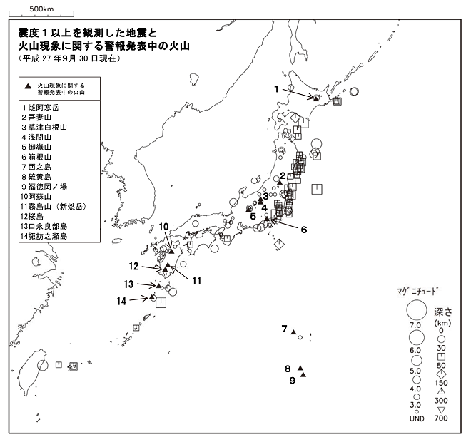 震度１以上の地震と噴火警報発表中の火山