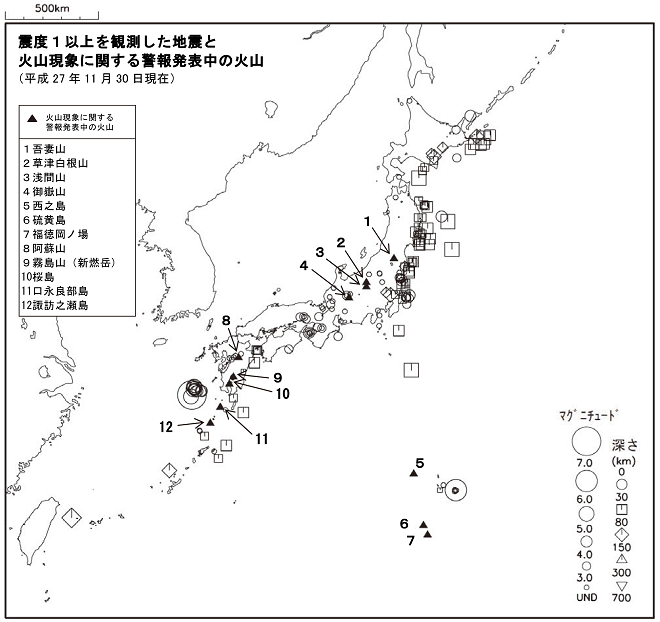 震度１以上の地震と噴火警報発表中の火山