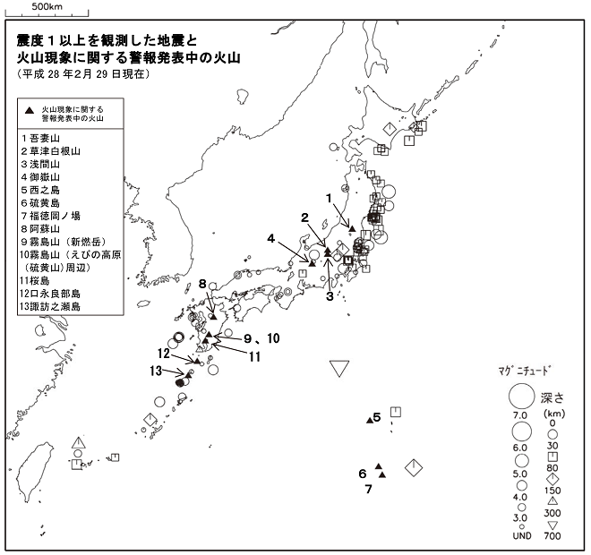震度１以上の地震と噴火警報発表中の火山