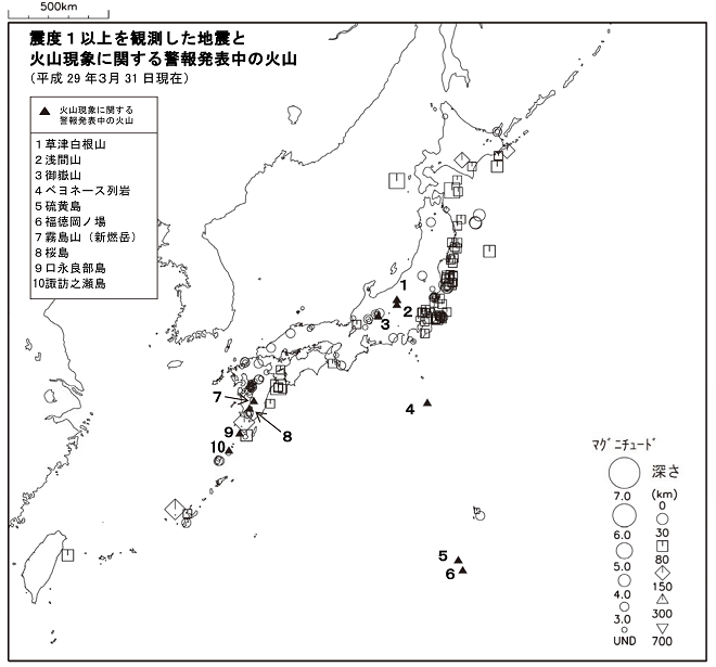 震度１以上の地震と噴火警報発表中の火山