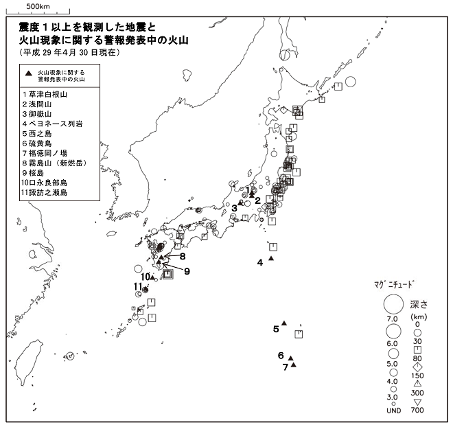 震度１以上の地震と噴火警報発表中の火山