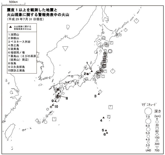 震度１以上の地震と噴火警報発表中の火山