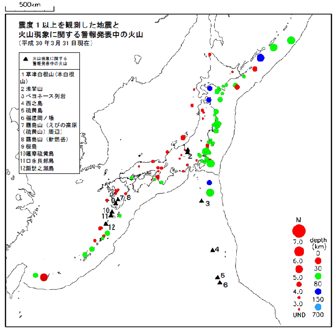 震度１以上の地震と噴火警報発表中の火山