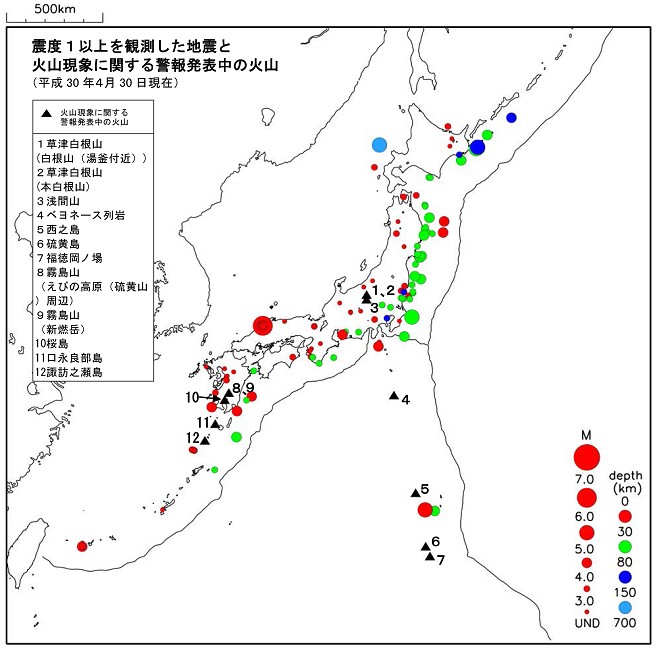 震度１以上の地震と噴火警報発表中の火山