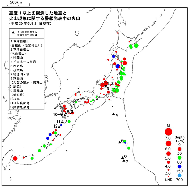 震度１以上の地震と噴火警報発表中の火山