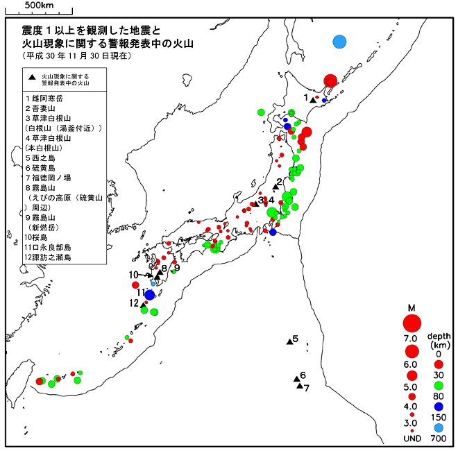 震度１以上の地震と噴火警報発表中の火山