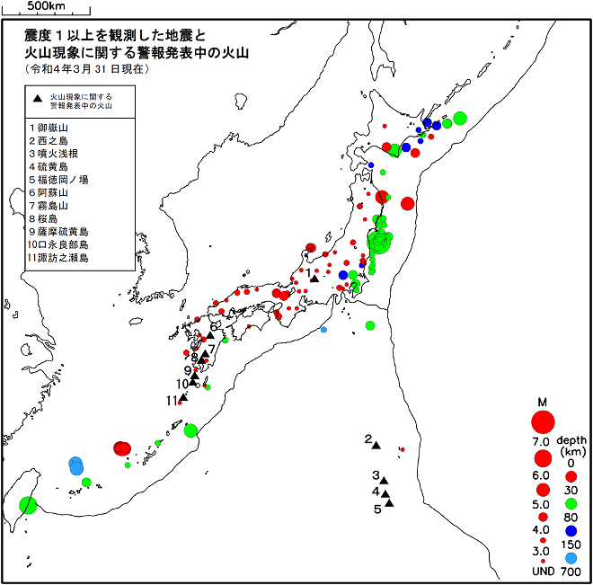 震度１以上の地震と噴火警報発表中の火山