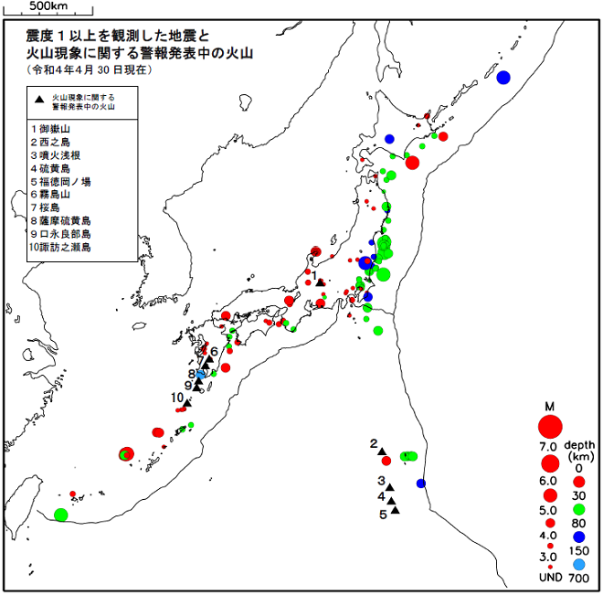 震度１以上の地震と噴火警報発表中の火山