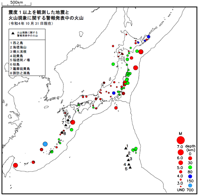 震度１以上の地震と噴火警報発表中の火山