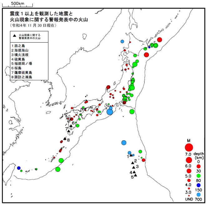 震度１以上の地震と噴火警報発表中の火山