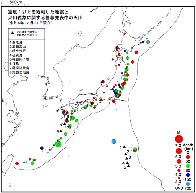 震度１以上の地震と噴火警報発表中の火山