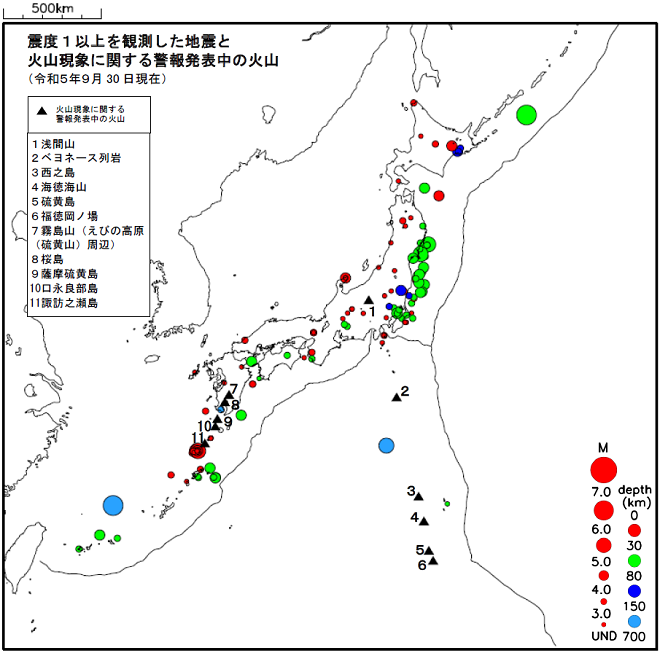 震度１以上の地震と噴火警報発表中の火山