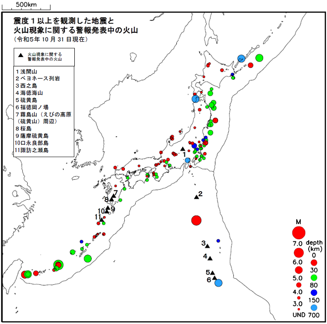 震度１以上の地震と噴火警報発表中の火山