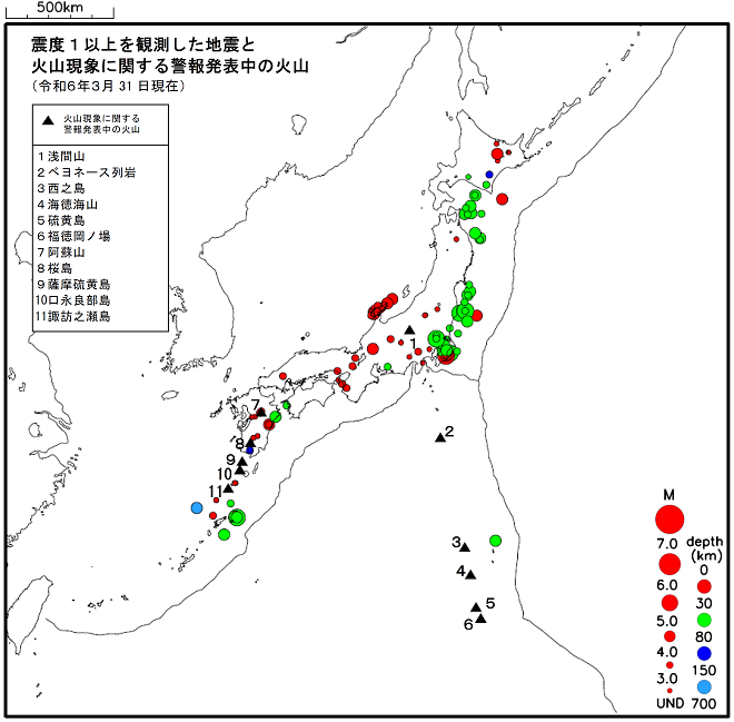 震度１以上の地震と噴火警報発表中の火山