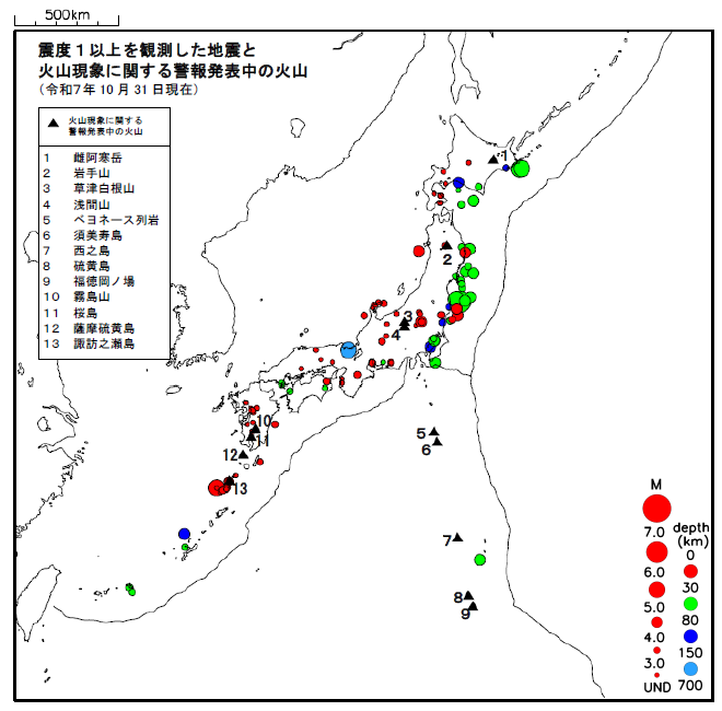 震度１以上の地震と噴火警報発表中の火山