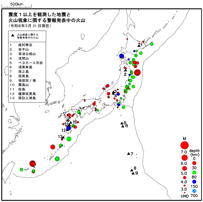 震度１以上の地震と噴火警報発表中の火山