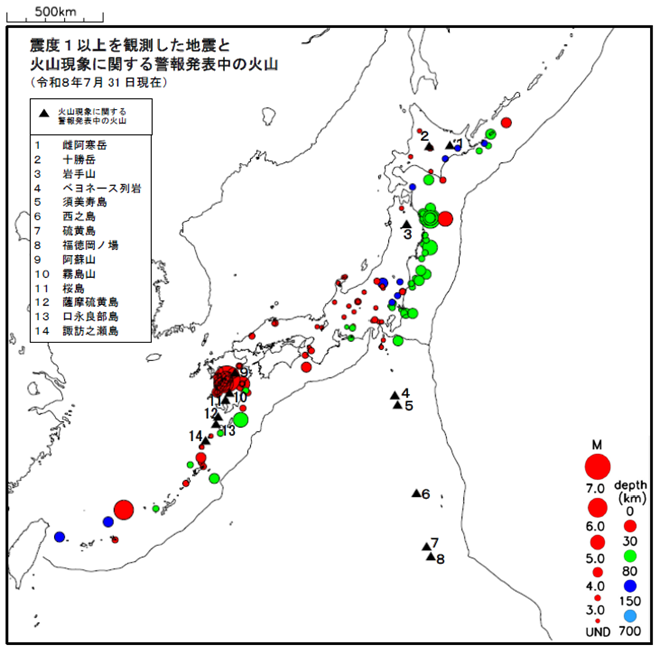 震度１以上の地震と噴火警報発表中の火山