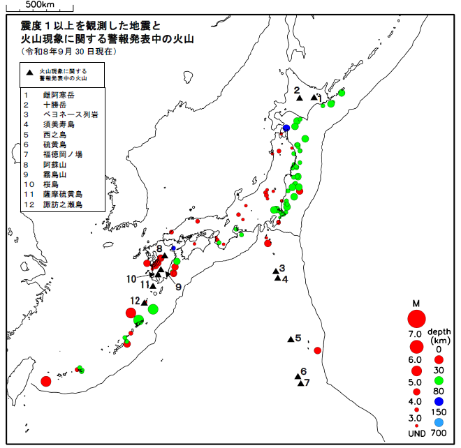 震度１以上の地震と噴火警報発表中の火山