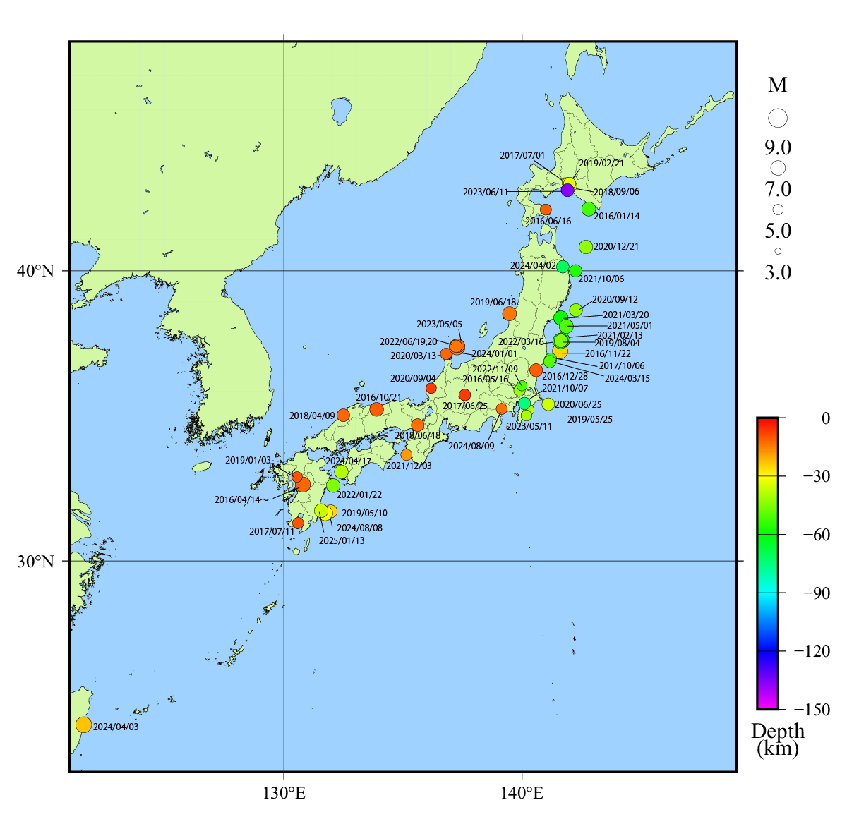 図　日本付近で発生した主な被害地震（平成28年以降）