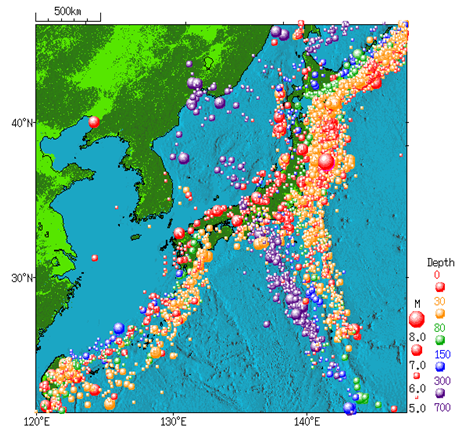 日本付近で発生した地震の分布（1960-2011）