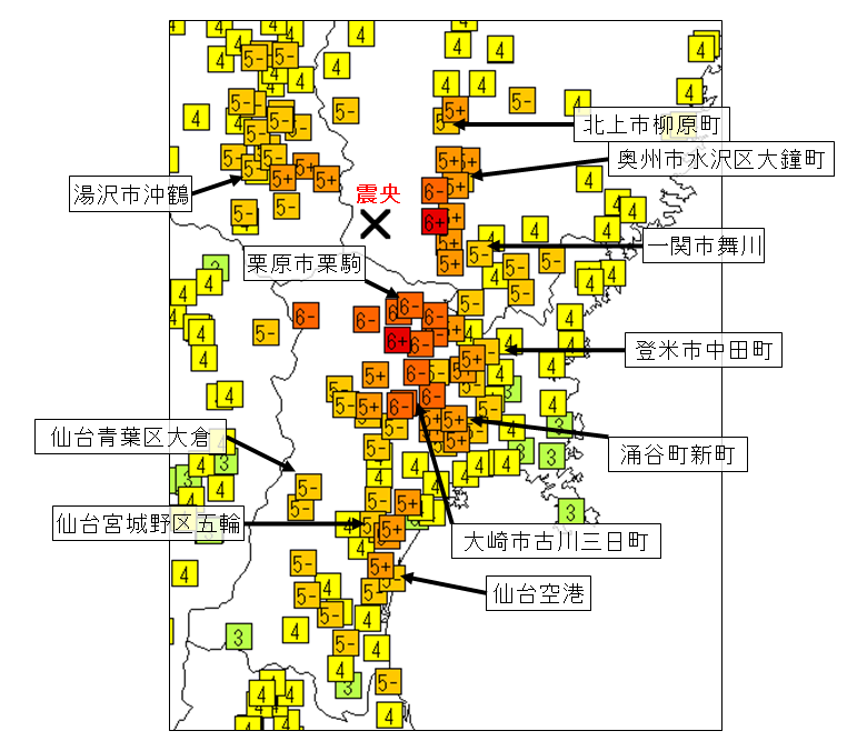 震央付近の震度分布図と気象庁観測点の位置
