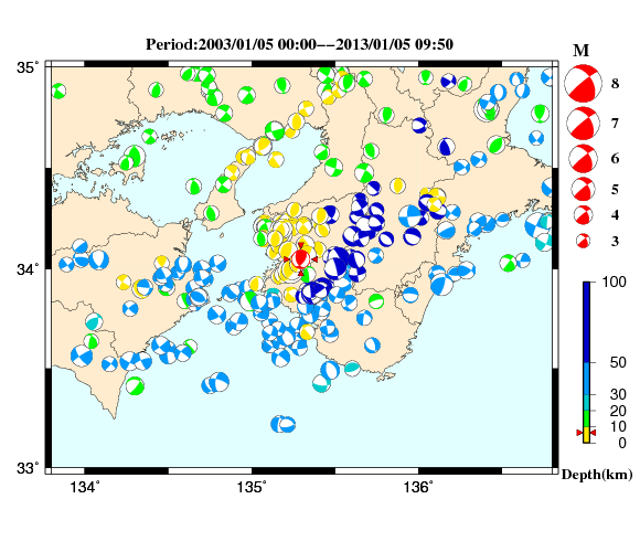 過去に起きた地震の初動発震機構解