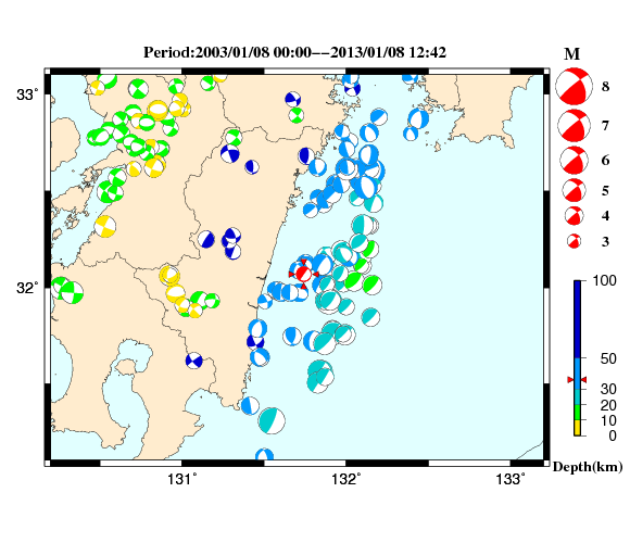過去に起きた地震の初動発震機構解
