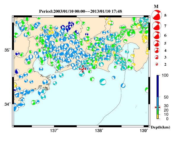 過去に起きた地震の初動発震機構解