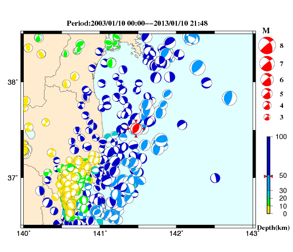 過去に起きた地震の初動発震機構解