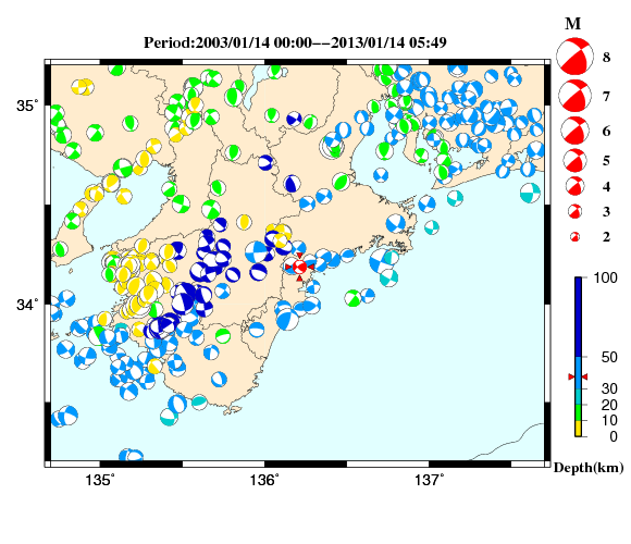 過去に起きた地震の初動発震機構解