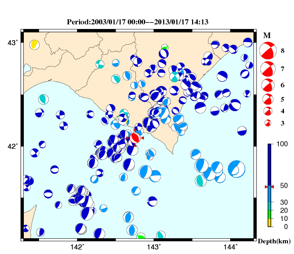 過去に起きた地震の初動発震機構解