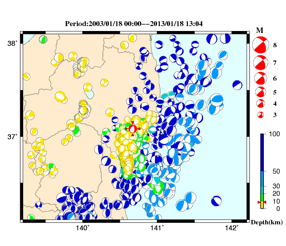 過去に起きた地震の初動発震機構解