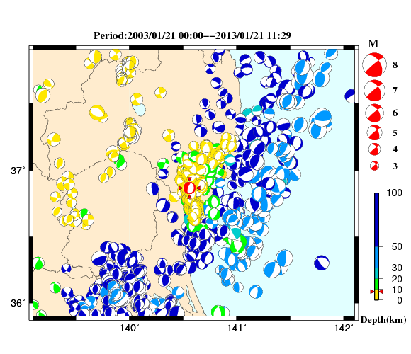 過去に起きた地震の初動発震機構解
